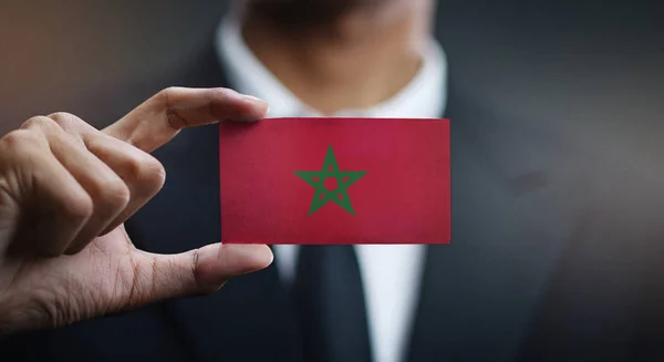 Affärsman Som Innehar Kort Marocko Flagga — Stockfoto