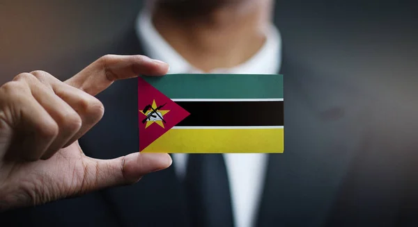 Businessman Holding Card Mozambique Flag — Stock Photo, Image