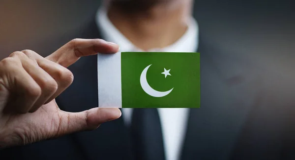 Businessman Holding Card Pakistan Flag — Stock Photo, Image