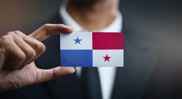 Επιχειρηματίας Που Κατέχουν Κάρτα Της Σημαίας Παναμά — Φωτογραφία Αρχείου