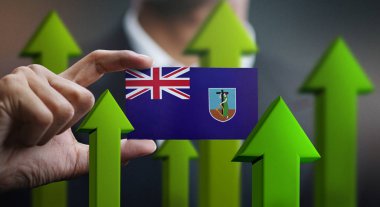 Ulus büyüme kavramı, yeşil yukarı ok - kart Montserrat bayrak tutan işadamı 