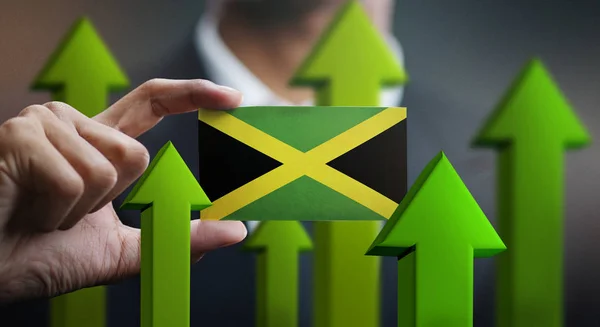 Concetto Crescita Della Nazione Frecce Verdi Businessman Holding Card Jamaica — Foto Stock