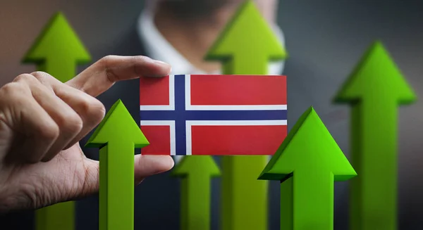 Ulus Büyüme Kavramı Yeşil Yukarı Kart Norveç Bayrağı Tutarak Işadamı — Stok fotoğraf