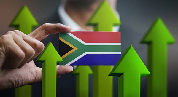 Nation Growth Concept Green Arrows Businessman Holding Card South Africa — Stock Photo, Image