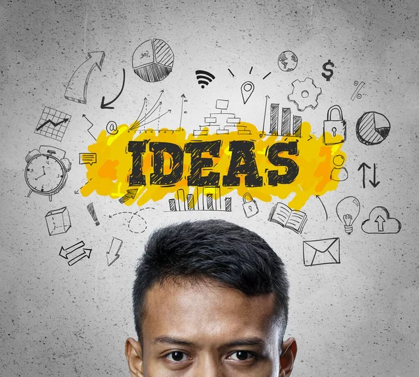 Pomysły Tekst. Szef azjatyckiego biznesmena Thinking Business Sketch C — Zdjęcie stockowe