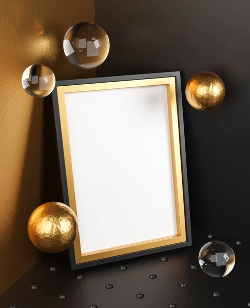 Elegant Mock Up Poster Gold Frame Template On Corner Room. Glass Golden Bubbles 3D Rendering. Black Background