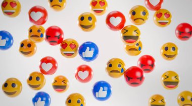 Yüz ifadeli Emoji Simgeleri. Sosyal Medya Konsepti Beyaz Arkaplan 3B Hazırlama
