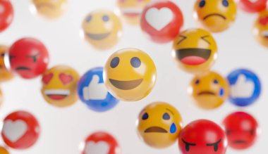 Yüz ifadeli Emoji Simgeleri. Sosyal Medya Konsepti Beyaz Arkaplan 3B Hazırlama