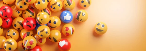 Emoji Ikoner Med Ansiktsuttryck Sociala Medier Koncept Gul Bakgrund Banner — Stockfoto