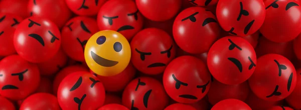 Wees Gelukkig Concept Lach Emoji Tussen Een Stel Boze Motieven — Stockfoto