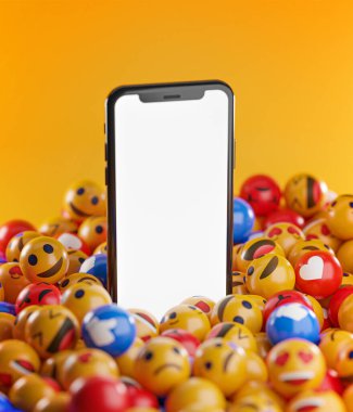 Emoji Duygu Simgelerinin Arasındaki Akıllı Telefon. Sosyal Medya Kavrama Arkaplanı 3B Hazırlama Yapılandırması