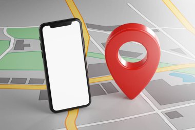 Haritada akıllı telefon ve kırmızı GPS Pin. Mockup Şablon Ekranı 3B Hazırlama