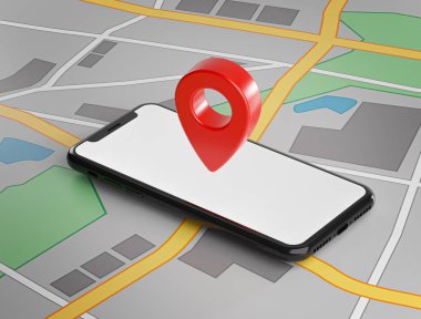 Akıllı telefon ve haritada kırmızı GPS Pin. Mockup Şablon Ekranı 3B Hazırlama