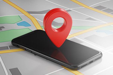 Akıllı telefon ve haritada kırmızı GPS Pin. 3B Hazırlama
