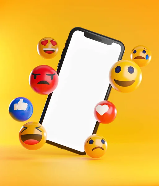 Смартфон Між Emoji Emoticons Social Media Concept Background Rendering Mockup — стокове фото