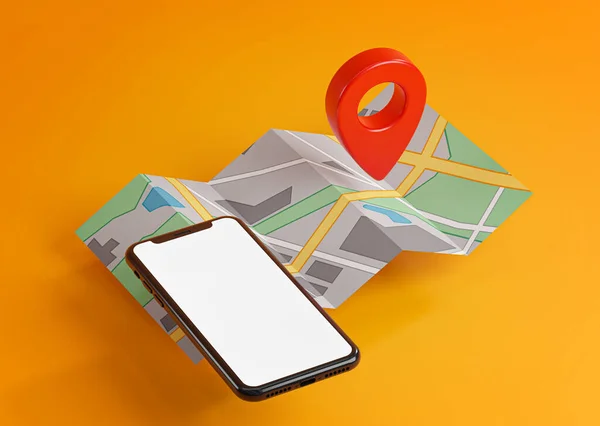 Smartphone Pin Gps Rosso Sulla Mappa Schermo Modello Mockup Sfondo — Foto Stock