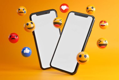 Emoji Duyguları Arasında İki Akıllı Telefon. Sosyal Medya Kavrama Arkaplanı 3B Hazırlama Yapılandırması