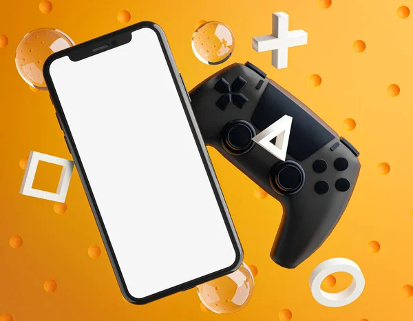 Πρότυπο Smartphone Mockup Μαύρο Gamepad Κονσόλα Πορτοκαλί Φόντο Αποτύπωση — Φωτογραφία Αρχείου