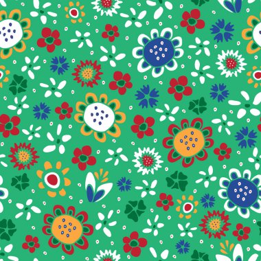 Yeşil arka planda elle çizilmiş çiçekli kusursuz vektör deseni. Hippi çiçekli duvar kağıdı tasarımı. Tuhaf moda kumaş tarzı.