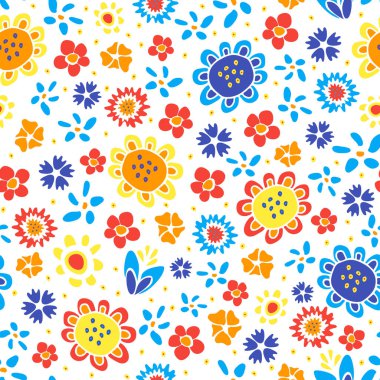Beyaz arka planda elle çizilmiş çiçekli kusursuz vektör deseni. Güzel hippi çiçekli duvar kağıdı tasarımı. Yaz çiçekleri eski moda kumaşı.