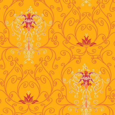 Sarı arka planda anka kuşu ve nilüfer çiçekli kusursuz vektör deseni. Kuşlarla güzel kıvrımlı duvar kağıdı tasarımı. Fantezi ateş kuşu kumaş tarzı.