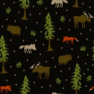 Siyah arka planda orman hayvanları olan kusursuz vektör deseni. Tilki, kurt ve kasvetli el yapımı yaban hayatı duvar kağıdı tasarımı. Çocuklar için sevimli moda tekstili.
