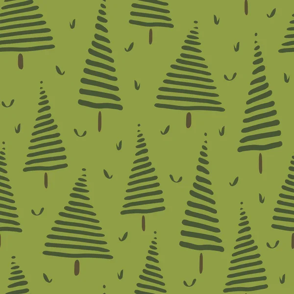 Бесшовный Векторный Узор Нарисованными Вручную Деревьями Зеленом Фоне Простой Дизайн — стоковый вектор