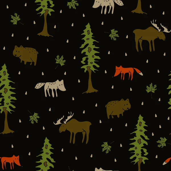 Бесшовный Векторный Рисунок Лесными Животными Черном Фоне Ручной Рисунок Дикой — стоковый вектор