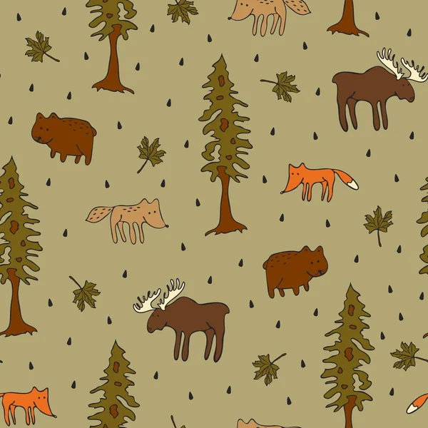 Бесшовный Векторный Рисунок Лесными Животными Сером Фоне Симпатичные Обои Дикой — стоковый вектор