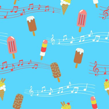 Seamless vector pattern with ice cream and music notes on blue background. Cute sweet food wallpaper design. Childish retro fashion textile. clipart