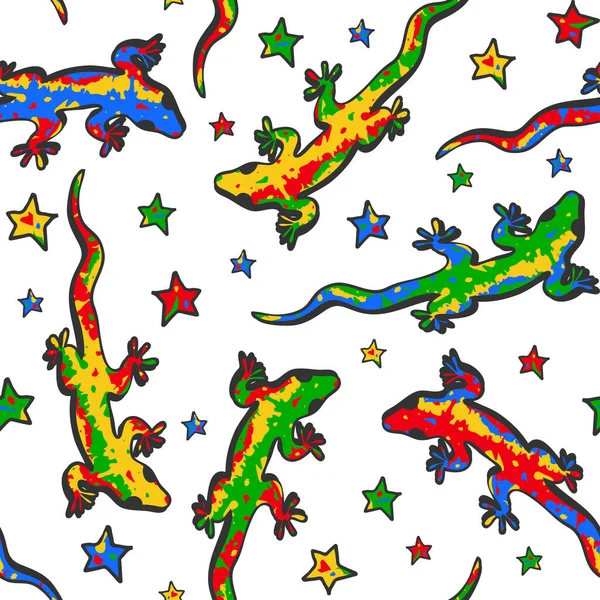Бесшовный Векторный Рисунок Ящерицами Звездами Белом Фоне Симпатичные Обои Дизайн — стоковый вектор