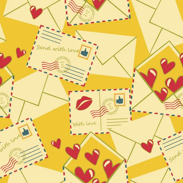 ヴィンテージの封筒と黄色の背景に心を愛するシームレスなベクトルパターン ラブレター付きロマンチックなバレンタインデーの壁紙のデザイン — ストックベクタ