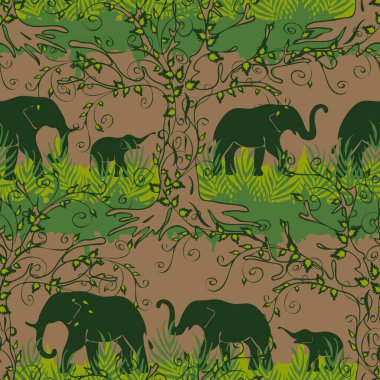 Açık bej arka planda fil siluetleri olan kusursuz vektör deseni. Afrika manzara duvar kağıdı tasarımı. Etnik safari moda tekstil.