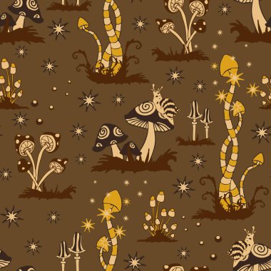 Kahverengi arka planda mantarlı kusursuz vektör deseni. Sihirli orman duvar kağıdı tasarımı. Sanatsal moda tekstili.