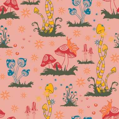 Açık pembe arka planda renkli mantarlı kusursuz vektör deseni. Tatlı fantezi orman duvar kâğıdı tasarımı. Parlak sihirli moda tekstili.