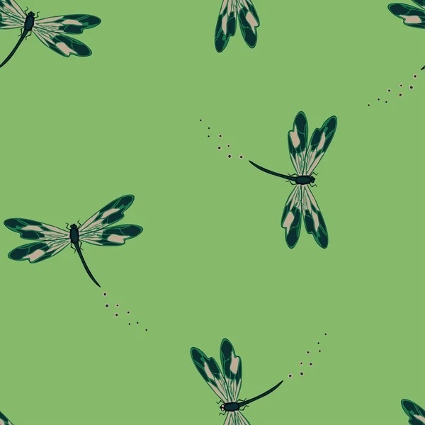 Απρόσκοπτη Διανυσματικό Μοτίβο Λιβελούλα Πράσινο Φόντο Απλό Σχέδιο Ταπετσαρίας Εντόμων — Διανυσματικό Αρχείο