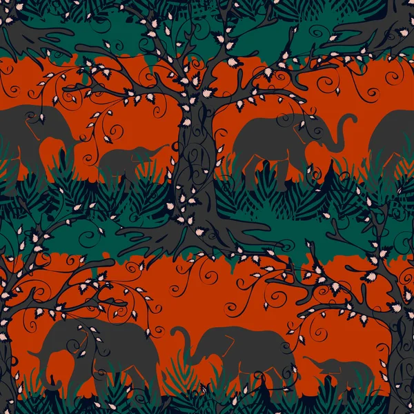 Бесшовный Векторный Рисунок Силуэтами Слона Оранжевом Красном Фоне Африканские Обои — стоковый вектор