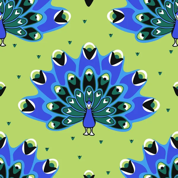 Seamless Vector Pattern Blue Peacocks Green Background Beautiful Bird Wallpaper — Stock Vector