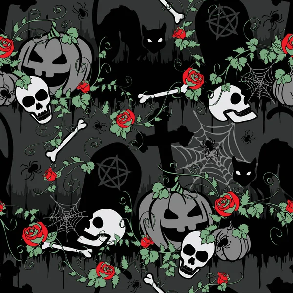 Απρόσκοπτη Διανυσματικό Μοτίβο Κόκκινα Τριαντάφυλλα Στο Νεκροταφείο Του Halloween Γοτθικό — Διανυσματικό Αρχείο