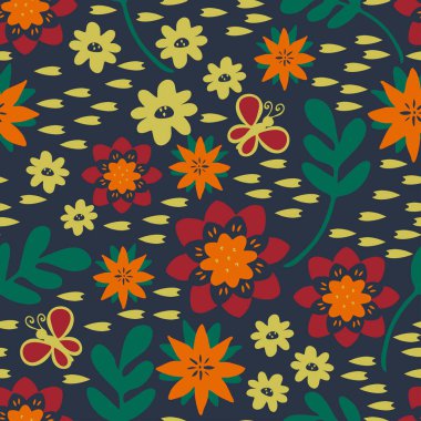 Mavi arka planda çiçekli kusursuz vektör deseni. Retro çiçek desenli duvar kâğıdı. El yapımı kalitesiz moda tekstil..