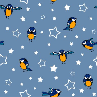 Mavi arka planda erkek memeli ve yıldızlı kusursuz vektör deseni. Kuşlarla basit duvar kağıdı tasarımı. Hayvan modası tekstili.
