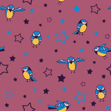 Mor arka planda kuşlar ve yıldızlar olan kusursuz vektör deseni. Çocuklar için şirin serçe duvar kağıdı tasarımı. Hayvan modası tekstili.
