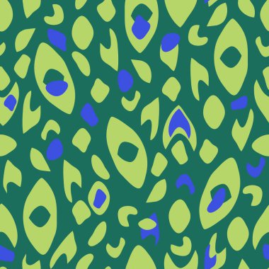 Yeşil arkaplanda kusursuz vektör deseni. Basit soyut hayvan kürkü duvar kağıdı tasarımı. Sanatsal moda tekstili.