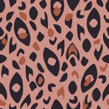 Pembe arka planda hayvan dokusuna sahip kusursuz vektör deseni. Basit bir tropik duvar kağıdı tasarımı. Kedi kürkü moda tekstil efekti.