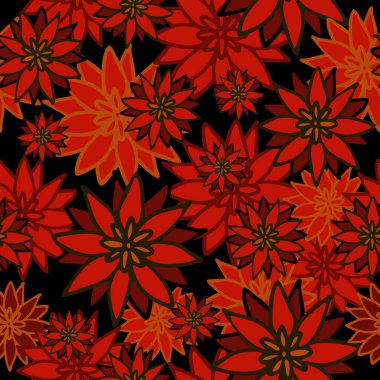 Siyah arka planda kırmızı çiçekli kusursuz vektör deseni. Basit bir Noel çiçeği duvar kağıdı tasarımı. Desenli tatil tekstili.