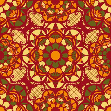 Kırmızı ve turuncu renklerle kusursuz vektör desenli dantel mozaik doku. Güzel bir Arapça geçmişi var. Türk işlemeli duvar kağıdı tasarımı. Doily moda tekstil.