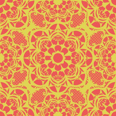 Pembe arka planda dantel desenli kusursuz vektör deseni. Romantik, lüks duvar kağıdı tasarımı. Hippi kabile moda tekstili.