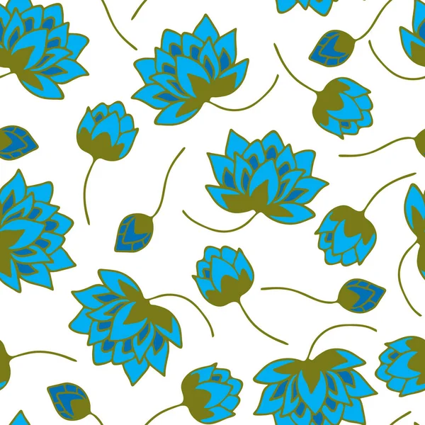 Nahtloses Vektormuster Mit Blauen Blüten Auf Weißem Hintergrund Schlichte Florale — Stockvektor