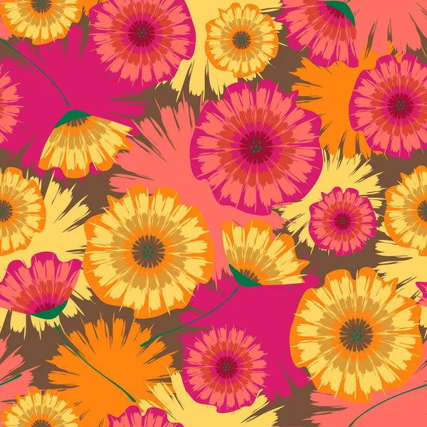 Seamless Vector Pattern Summer Flowers Tie Dye Background Pink Yellow — Stock Vector