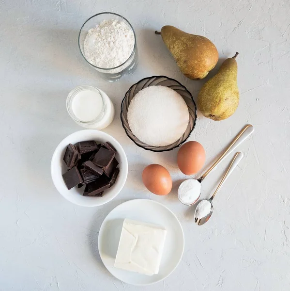 Ingredienti Torta Cioccolato Fatta Casa Con Pere Uova Zucchero Una — Foto Stock